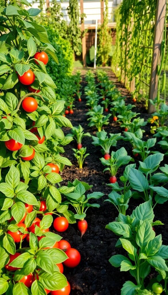 A lush, bountiful vegetable garden with harmonious companion planting combinations. In the foreground, vibrant tomato plants intertwine with leafy basil, their colors and textures complementing each other. In the middle ground, rows of neatly spaced carrots and radishes, their tops peeking out from the rich, dark soil. In the background, a trellis supports climbing beans and peas, their delicate flowers adding a pop of color. The lighting is soft and natural, casting warm shadows and highlighting the verdant foliage. The overall scene conveys a sense of balance, productivity, and the beauty of a well-planned, organic vegetable garden.