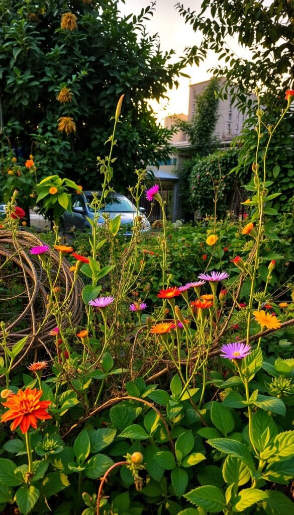 A lush, chaotic urban garden in the late afternoon sun, with clusters of thriving plants and flowers in a rainbow of colors. The foreground is a tapestry of verdant foliage, tangled vines, and bursting blossoms, hinting at the natural abundance and unpredictability of growth. The middle ground features a mix of mature and newly sprouted plants, their leaves and petals swaying gently in a soft breeze. In the background, the sky is lit with a golden glow, casting a warm, dreamlike atmosphere over the scene. This image encapsulates the essence of "chaos gardening" - a celebration of nature's rhythms and the beauty that emerges when we let go of rigid control.