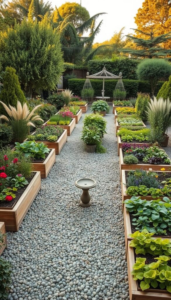 A lush, climate-adaptive garden layout with neatly arranged raised garden beds, filled with a vibrant mix of vegetables, herbs, and flowers. The beds are surrounded by a path of smooth pebbles, leading to a focal point - a birdbath or a small zen fountain. Mature fruit trees and shrubs line the perimeter, casting gentle shadows. Tall, resilient grasses sway in the breeze, complementing the overall natural harmony. Warm, soft lighting illuminates the scene, creating a serene and inviting atmosphere perfect for year-round sustainable food production.