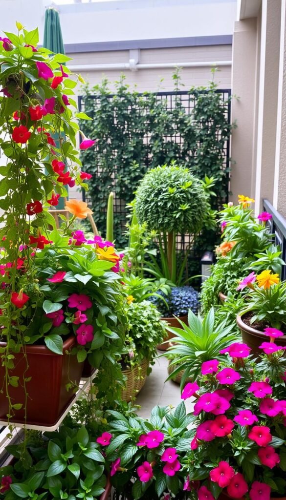 A lush, cohesive balcony garden featuring an array of container-grown plants in a harmonious color palette. In the foreground, a mix of trailing vines and vibrant blooms cascade from raised planters, creating a visually striking focal point. The middle ground showcases a variety of foliage plants, their textures and shades of green complementing each other seamlessly. In the background, a small ornamental tree or shrub provides height and structure, framed by a sun-dappled trellis or privacy screen. Warm, diffused lighting from above casts a gentle glow, accentuating the garden's tranquil atmosphere. The overall composition conveys a sense of balance, visual interest, and a carefully curated, inviting outdoor oasis.