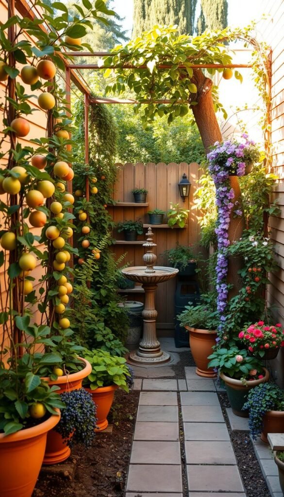 A lush, compact fruit garden nestled in a cozy backyard. Vertical trellises support espaliered apple and pear trees, their branches artfully trained to maximize space. Blueberry bushes in terracotta planters flank the main path, complemented by cascading strawberry vines in hanging baskets. The scene is bathed in warm, golden light, casting soft shadows that dance across the carefully curated landscape. Clematis and climbing roses weave through the trellis, adding pops of vibrant color. An ornate birdbath in the center invites feathered visitors, completing the serene, harmonious composition.