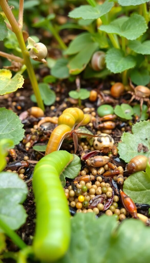 A lush, compact garden scene with a variety of common garden pests in the foreground, middle ground, and background. In the foreground, a close-up view of a vibrant green caterpillar, a crawling slug, and a cluster of aphids. In the middle ground, a diverse collection of pests including a squirming grub, a winged beetle, and a burrowing worm. In the background, a soft-focus view of other garden inhabitants like a snail, a spider, and a moth. The scene is illuminated by warm, natural lighting, captured with a shallow depth of field to emphasize the details. The overall mood is one of educational curiosity, inviting the viewer to closely examine the diverse array of common garden pests.