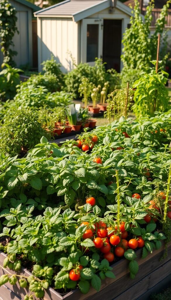 A lush, densely planted raised garden bed occupies the foreground, overflowing with a vibrant mix of leafy greens, trailing vines, and compact vegetable plants. The middle ground features a variety of potted herbs and miniature tomato plants, strategically arranged to maximize space utilization. In the background, a quaint garden shed or small greenhouse sets the scene, bathed in warm, natural lighting that casts soft shadows across the thriving, interplanted display. The overall mood is one of abundance, efficiency, and a harmonious coexistence of diverse edible plants in a limited urban or small-scale garden space.