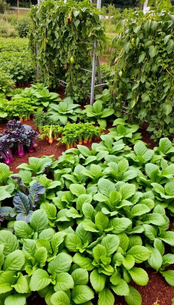 A lush, densely planted vegetable garden, with a variety of leafy greens, root crops, and trailing vines intertwined in a visually captivating arrangement. In the foreground, an array of kale, swiss chard, and spinach plants cluster together, their vibrant leaves casting soft shadows on the rich, moist soil. In the middle ground, carrots, beets, and radishes push up through the earth, their tops peeking out in a harmonious pattern. Climbing vines of snap peas and pole beans cling to strategically placed trellises, creating a sense of depth and vertical interest. The background is filled with a mix of taller plants, such as tomatoes and eggplants, their foliage creating a verdant, layered canopy. The lighting is soft and diffused, capturing the scene in a serene, naturalistic manner, as if photographed on an overcast day. The overall composition conveys a sense of abundance, efficient use of space, and a carefully planned, high-yield vegetable garden.