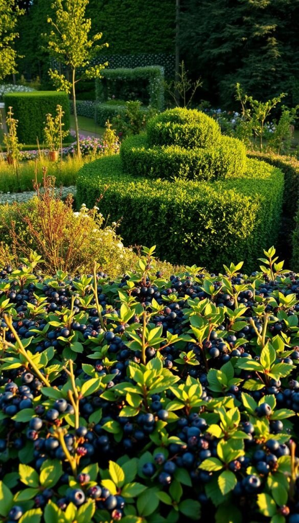 A lush, edible hedge design featuring a variety of fruit-bearing plants and shrubs. In the foreground, an orderly row of blueberry bushes with plump, indigo-colored berries. Behind them, a mix of raspberry canes and currant bushes, their leaves casting delicate shadows. In the middle ground, a sculpted privet hedge dotted with small white flowers, its architectural shape creating visual interest. In the background, a scattering of dwarf apple and pear trees, their branches laden with ripe, colorful fruit. The scene is illuminated by warm, golden-hour sunlight, casting a gentle glow over the entire landscape. The overall composition suggests a harmonious, productive garden design that seamlessly integrates edible plants into an elegant, visually striking landscape.