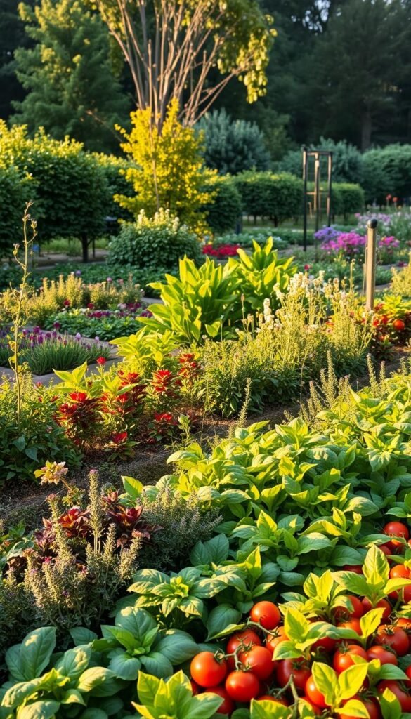 A lush, edible landscape design featuring a harmonious blend of vibrant vegetables, herbs, and flowering plants. In the foreground, a neatly arranged kitchen garden with rows of colorful leafy greens, plump tomatoes, and fragrant herbs like basil and thyme. The middle ground showcases a mix of ornamental edibles like edible flowers, trailing vines, and compact bushes. In the background, a backdrop of mature trees and shrubs creates a natural, inviting ambiance. The scene is bathed in warm, golden light, casting soft shadows and highlighting the textures and colors of the edible plants. The overall composition exudes a sense of balance, creativity, and a celebration of the intersection between beauty and functionality.