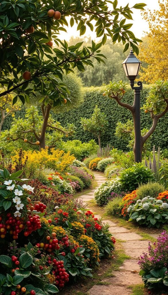 A lush, edible ornamental landscape design featuring a verdant mix of fruit trees, flowering plants, and sculpted foliage. In the foreground, a gently curving pathway leads through a vibrant tapestry of edible berries, herbs, and vegetables, their colors and textures creating a visually captivating display. The middle ground showcases artfully pruned fruit trees, their branches laden with ripe, juicy produce, while delicate blossoms add pops of color. In the background, a dense, well-manicured border of ornamental shrubs and flowering perennials frames the scene, creating a sense of depth and harmony. Warm, diffused lighting filters through the canopy, casting a soft, natural glow and accentuating the textures and hues of the edible and ornamental elements. The overall composition evokes a serene, inviting atmosphere, blending function and aesthetic seamlessly.