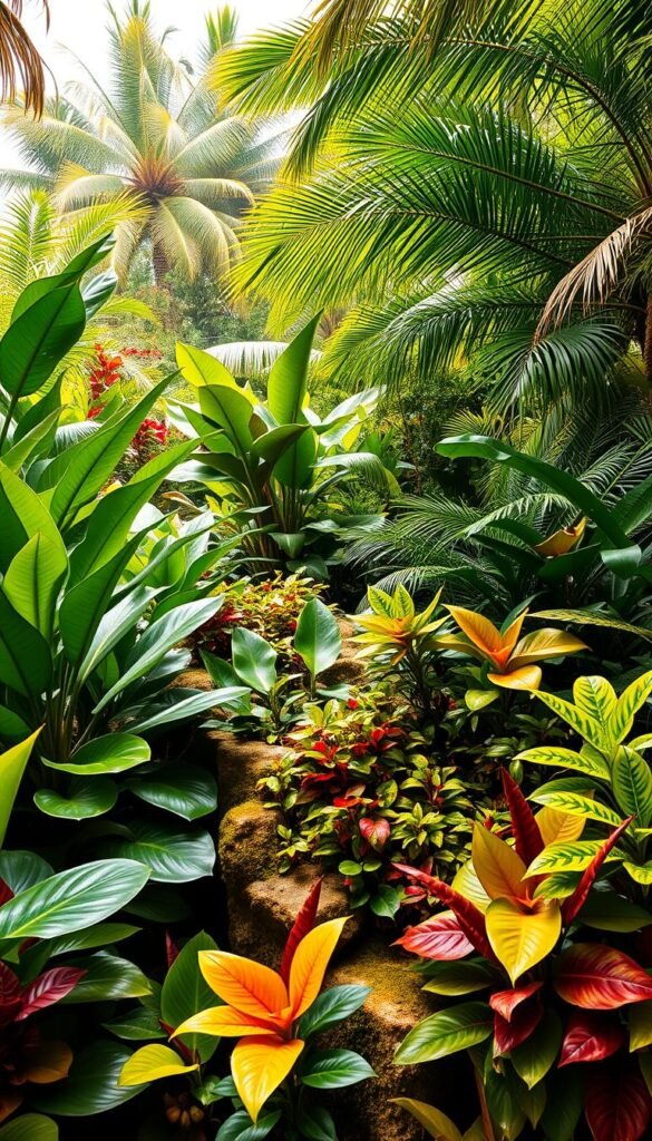 A lush, exotic garden selection showcasing a variety of vibrant, tropical foliage plants. In the foreground, a collection of large, glossy-leaved philodendrons, monstera, and bird of paradise plants with dramatic, sculptural forms. The middle ground features a mix of smaller, intricate-patterned calatheas, hoyas, and peperomias cascading over mossy rocks. In the background, a dense, jungle-like canopy of tall, feathery palms and ferns filters the warm, natural light, casting dramatic shadows and creating an enveloping, immersive atmosphere. The entire scene is captured with a wide, cinematic lens, emphasizing the depth and layering of the diverse plant life.