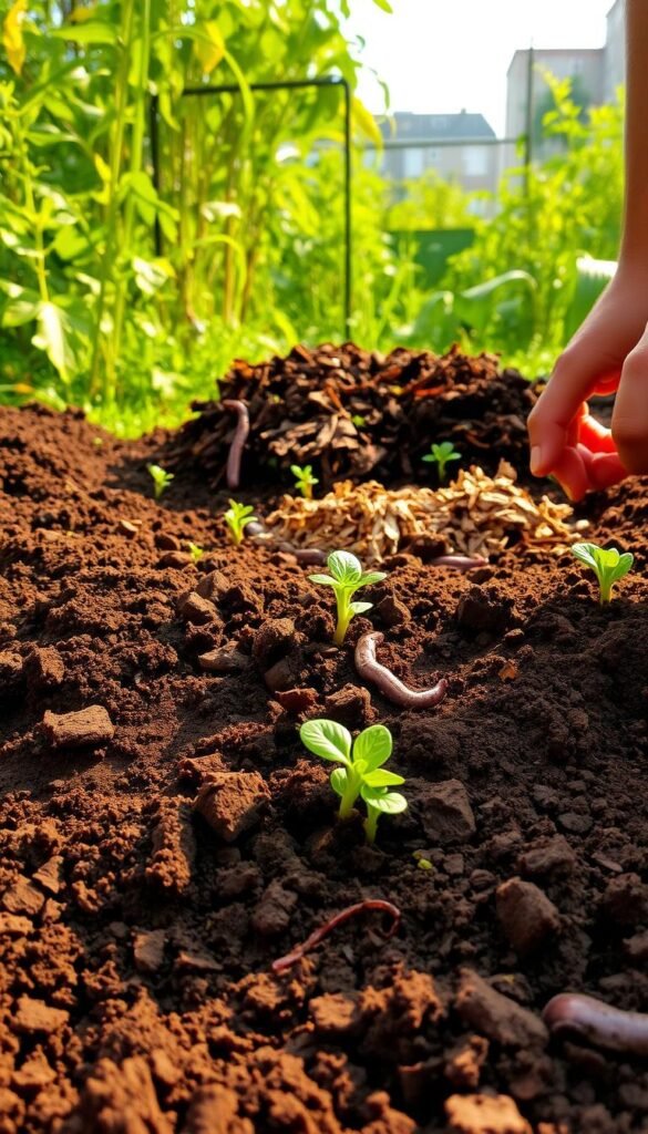 A lush, fertile garden bed takes shape under the warm, golden light of a late afternoon sun. In the foreground, a gardener's hands meticulously turn the soil, exposing the rich, dark loam beneath. Crumbling clods reveal earthworms and other vital microorganisms, the foundation of a thriving, natural ecosystem. Hints of green peek through as newly planted seedlings take root. In the middle ground, a variety of composting materials - shredded leaves, vegetable scraps, and organic matter - are neatly arranged, awaiting incorporation. The background subtly fades into a verdant, overgrown urban landscape, hinting at the wild, untamed potential of this nurturing, regenerative process.