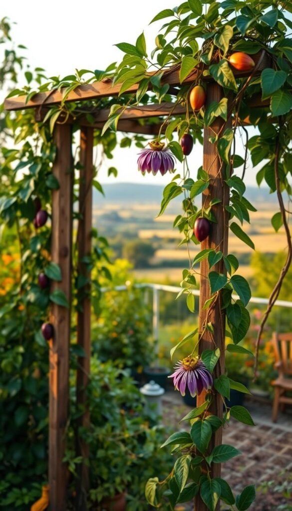 A lush, flourishing passionfruit trellis setup in a vibrant garden. In the foreground, a sturdy wooden frame supports the twisting vines, their leaves and tendrils cascading gracefully. The mid-ground showcases the passionfruit blooms, their vibrant purple hues contrasting against the verdant foliage. In the background, a tranquil landscape unfolds, with a hint of a serene sky peeking through. Warm, diffused natural lighting bathes the scene, creating a welcoming, inviting atmosphere. The camera captures this setup from a slightly elevated angle, allowing the viewer to fully appreciate the structured yet organic design of the passionfruit trellis and its integration into the surrounding garden.