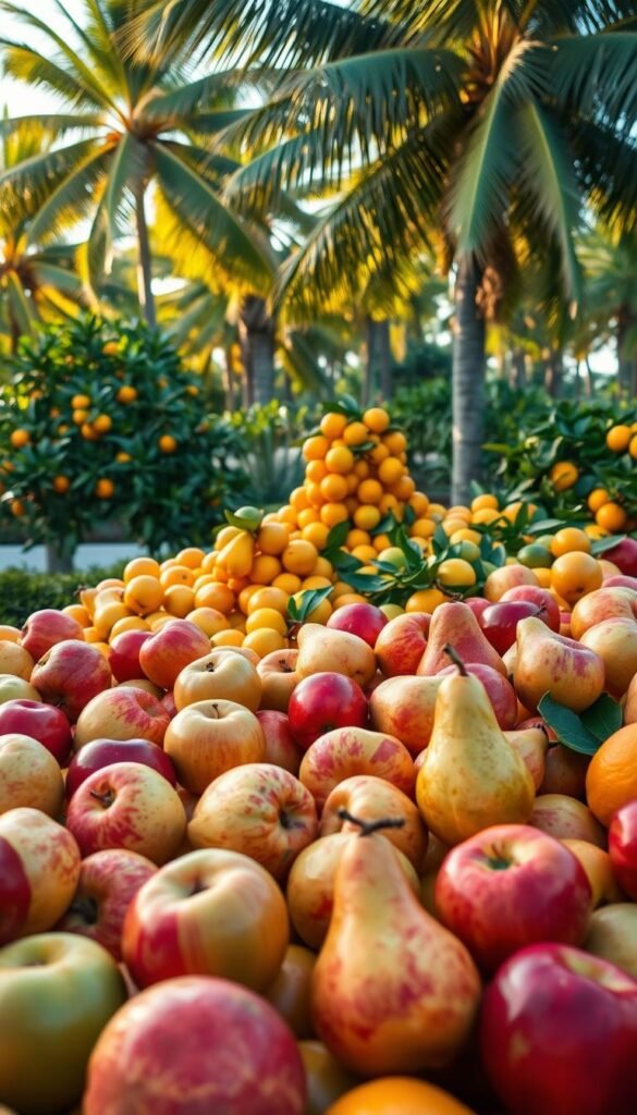 A lush fruit garden showcasing the contrast between cold-hardy and warm-climate varieties. In the foreground, an array of crisp, vibrant apples and pears in various shades of red, green, and gold, with their firm, waxy skins glistening under soft, diffused lighting. In the middle ground, clusters of juicy, sun-kissed citrus fruits - oranges, lemons, and limes - their glossy peels reflecting the warm, golden tones of the scene. In the background, a backdrop of tall, swaying palm trees and tropical foliage, creating a serene, idyllic atmosphere that evokes the warmth and abundance of a sun-drenched, coastal landscape. The overall composition conveys the diversity and adaptability of fruit varieties, inviting the viewer to explore the myriad possibilities for creating a thriving, climate-appropriate fruit garden.
