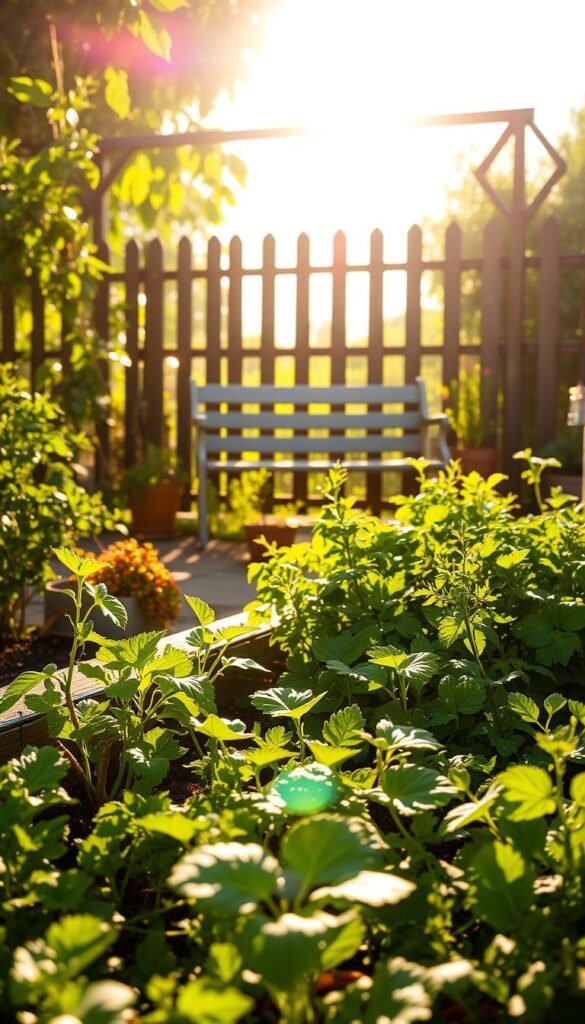 A lush garden bathed in warm, golden sunlight. In the foreground, a raised garden bed filled with thriving vegetables and herbs, their leaves gently swaying in a light breeze. The middle ground showcases a serene outdoor seating area, with a weathered wooden bench and a few potted plants soaking up the sun's rays. In the background, a picturesque fence or trellis frames the scene, casting subtle shadows that add depth and dimension. The overall atmosphere is one of tranquility and abundance, with the sunlight casting a soft, inviting glow over the entire scene. Captured with a wide-angle lens, the image conveys the perfect balance of sunlight and shade, highlighting the ideal conditions for a compact, thriving mini vegetable garden.