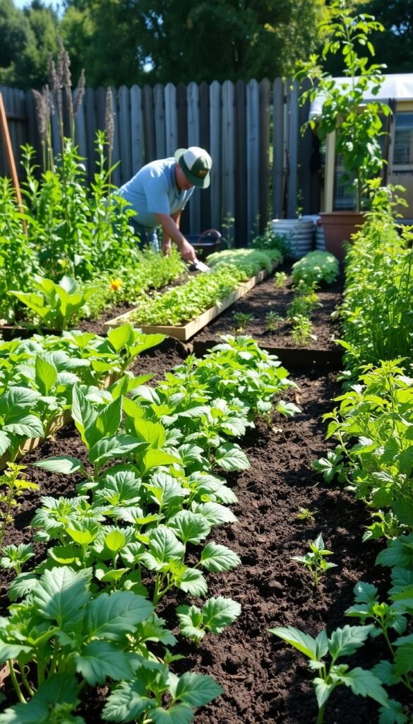 A lush garden bed in the foreground, with rows of diverse vegetables and herbs in various stages of growth. The plants are arranged in a thoughtful, staggered pattern, showcasing the concept of succession planting. Sunlight filters through the foliage, casting soft, diffused shadows on the soil. In the middle ground, a gardener tending to the plants, using a trowel to loosen the earth and make room for new seedlings. The background features a rustic wooden fence, with a glimpse of a shed or greenhouse, hinting at the larger gardening space. The overall atmosphere is one of tranquility, productivity, and a harmonious integration of nature and human care.
