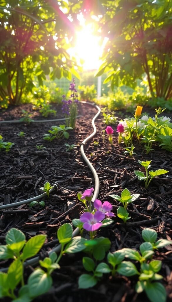 A lush garden bed, its soil blanketed by a layer of rich, dark mulch. Drip irrigation lines snake through the mulch, delivering water directly to the plant roots. Sunlight filters through a canopy of leafy greens, casting a warm, natural glow. In the foreground, a mix of thriving perennials and vegetables flourish, their vibrant colors and textures creating a harmonious visual symphony. The composition is balanced, with the mulch and irrigation system seamlessly integrated, showcasing an efficient, eco-friendly approach to small-space gardening.