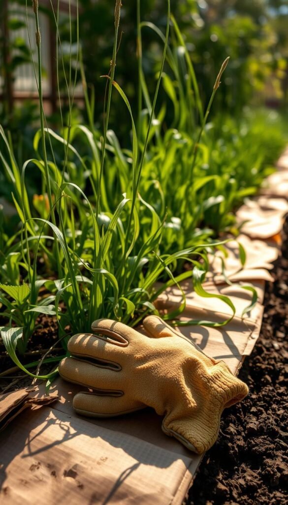 A lush garden bed, the soil blanketed by a layer of weathered cardboard. Thick, green weeds struggle to break through, their tendrils reaching skyward. Sunlight filters through the cardboard, casting a warm, diffused glow. In the foreground, a weathered pair of gardening gloves rests atop the cardboard, a testament to the hard work of cultivation. The background fades into a soft, hazy blur, drawing the viewer's focus to the central scene of smothering weeds and the promise of a thriving, weed-free garden bed. Captured with a wide-angle lens, the image conveys a sense of tranquility and the rewarding simplicity of no-dig gardening.