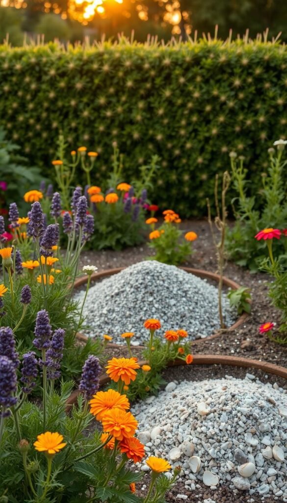 A lush garden bursting with natural pest deterrents. In the foreground, a variety of fragrant herbs and flowers - lavender, marigolds, and citronella - creating a vibrant tapestry of colors and scents. The middle ground features carefully placed piles of wood ash and crushed eggshells, providing a natural barrier against unwanted critters. In the background, a dense hedge of thorny bushes, their sharp spines forming a living fence, all bathed in the warm glow of a golden hour sunset. The overall atmosphere is one of harmony, where nature works in balance to create a thriving, pesticide-free oasis.