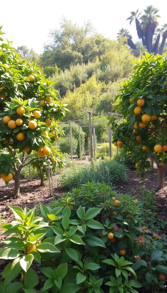 A lush garden filled with thriving, climate-adapted fruit trees in the foreground. Diverse varieties including citrus, stone fruits, and pome fruits, each with distinctive foliage and flowering stages. Dappled sunlight filters through the canopy, casting warm shadows on the well-tended soil below. In the middle ground, a variety of companion plants enhance the ecosystem, providing nutrients and attracting pollinators. The background features a harmonious blend of native shrubs and trees, creating a sheltered, naturalistic setting. The overall scene conveys a sense of abundance, resilience, and a thriving, sustainable fruit-growing environment.