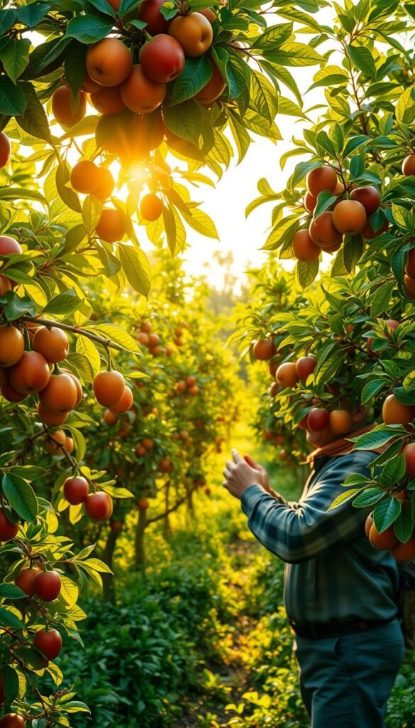 A lush garden filled with thriving fruit trees, their branches heavy with ripe, vibrant produce. In the foreground, a gardener carefully inspects the leaves, searching for signs of disease. Rays of warm, golden sunlight filter through the canopy, casting a soft, natural glow. The background features a backdrop of verdant foliage, hinting at a well-maintained, harmonious landscape. The scene conveys a sense of diligence, expertise, and a deep appreciation for the health and well-being of the fruit trees. Crisp, high-resolution, realistic, cinematic.