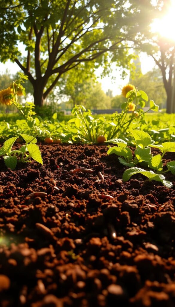 A lush garden filled with thriving soil, bathed in warm, golden sunlight. In the foreground, a rich, dark loam teems with earthworms and nourishing microbes, its texture perfect for planting. The middle ground showcases verdant vegetable and fruit plants, their leaves and blossoms gently swaying in a soft breeze. In the background, a canopy of trees filters the sunlight, creating a gentle, dappled glow that illuminates the scene. The composition is balanced, with attention paid to the interplay of light, shadow, and organic forms. This image conveys the harmony of a well-designed, productive garden that thoughtfully manages the essential elements of soil, sunlight, and water.