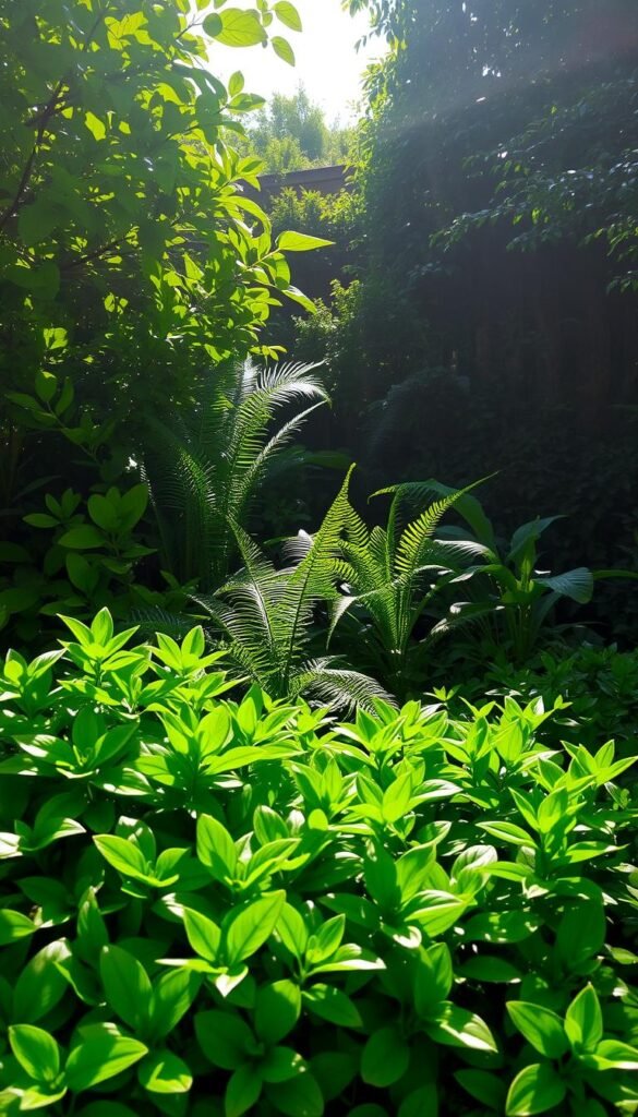 A lush garden oasis with vibrant foliage in varying shades of green. In the foreground, a verdant patch of plants thrives in direct sunlight, their leaves glistening under a warm, golden glow. Gradually, the scene transitions to a secluded nook where delicate ferns and leafy plants bask in the soft, dappled light filtering through the canopy above. The background reveals a tranquil corner blanketed in a moody, partial shade, where subtle textures and hues create an inviting, serene atmosphere. The interplay of light and shadow across the diverse plant life showcases the nuances of shade conditions, guiding the viewer's understanding of optimal growing environments for a container garden.