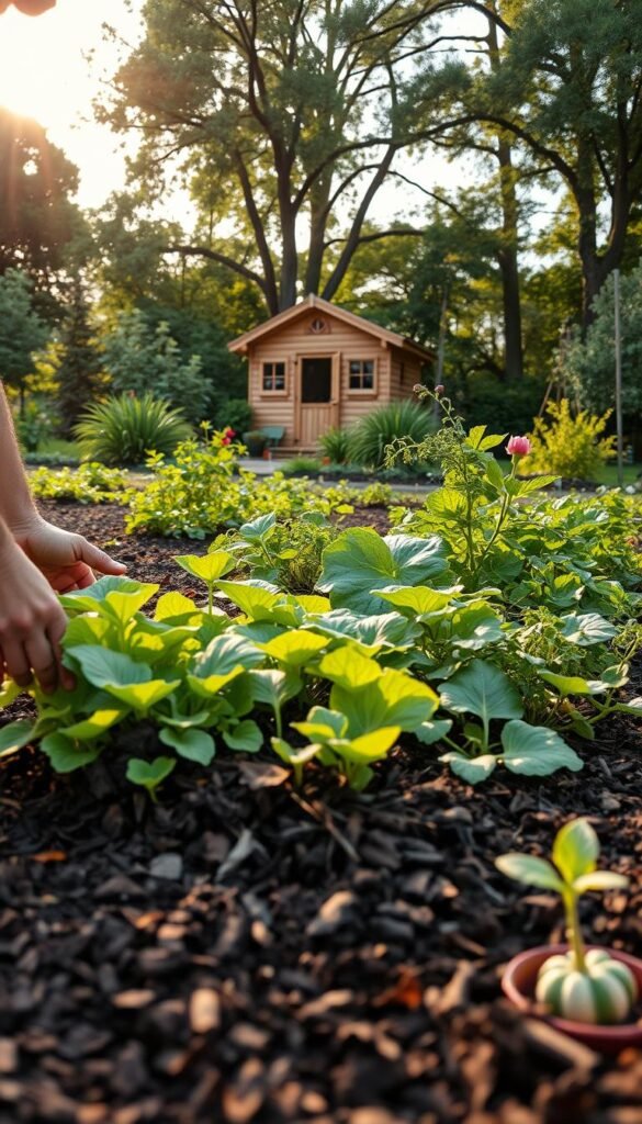 A lush garden plot with healthy soil, verdant plants, and a carefully applied layer of rich, organic mulch. In the foreground, a gardener's hands gently spreading the mulch around the base of leafy vegetables and herbs, ensuring even coverage. Warm, diffused sunlight filters through the canopy, casting a gentle glow and creating soft shadows. The middle ground features a variety of thriving, diverse flora, their leaves rustling gently in a light breeze. In the background, a wooden garden shed nestled among mature trees, conveying a sense of tranquility and eco-friendly harmony.