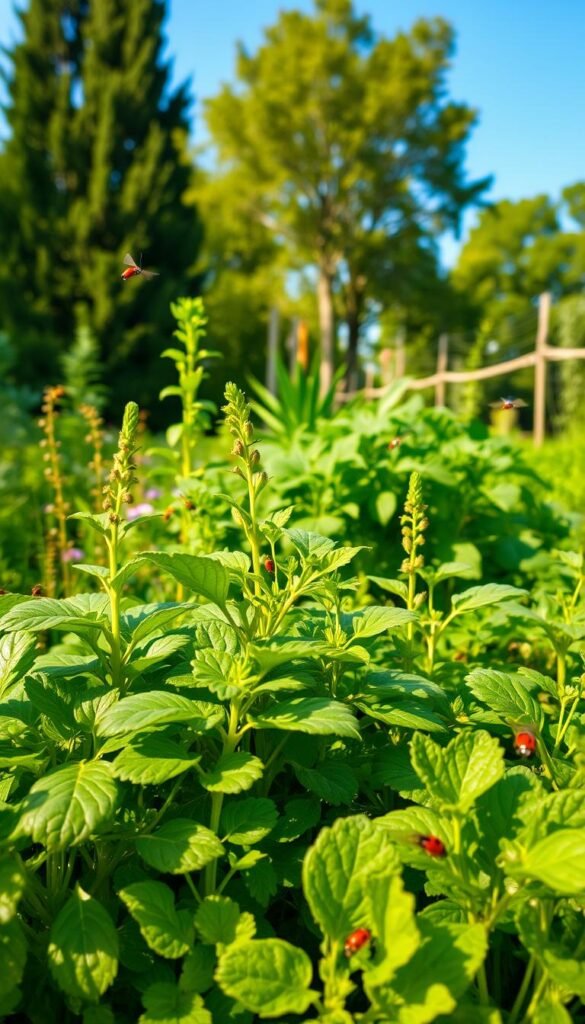 A lush garden scene showcasing the benefits of companion planting. In the foreground, thriving vegetables and herbs grow in harmony, their leaves intertwined and complementing each other's unique shapes and colors. In the middle ground, a variety of beneficial insects, including ladybugs, lacewings, and hoverflies, flit among the plants, pollinating and preying on common garden pests. The background features a vibrant, verdant backdrop of towering trees and a clear, azure sky, creating a serene and inviting atmosphere. Warm, diffused lighting filters through the foliage, casting soft shadows and highlighting the vibrant hues of the plants and insects. The overall scene conveys the symbiotic relationship between plants, insects, and a healthy, balanced ecosystem.