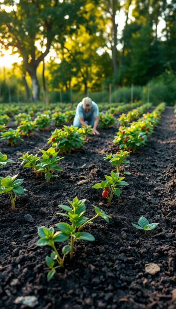 A lush garden scene with vibrant berry bushes being carefully planted in the foreground. The soil is dark and rich, freshly turned over, with small seedlings peeking through. In the middle ground, a gardener kneels, gently spacing the bushes and pressing the soil around them. Soft, warm sunlight filters through the trees in the background, casting a golden glow over the scene. The composition emphasizes the importance of proper spacing and planting technique for healthy, productive berry bushes. The atmosphere is one of calm, focused cultivation, inspiring the viewer to tend their own fruit-bearing garden.