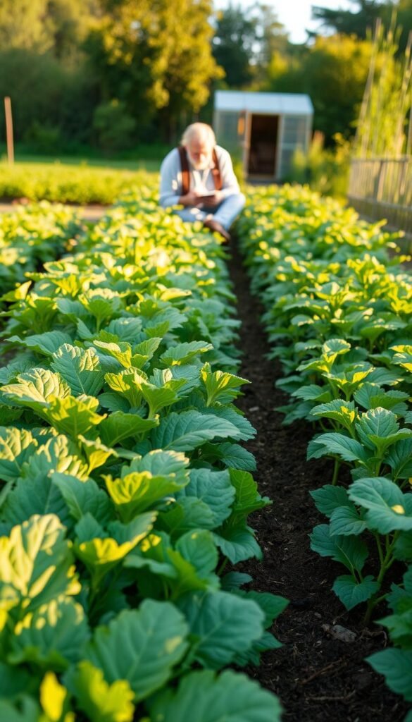A lush garden setting, with a well-tended vegetable patch in the foreground. Meticulously arranged rows of thriving plants, each at varying stages of maturity, their leaves and stems casting dynamic shadows under the warm, golden afternoon light. In the middle ground, a gardener carefully examines a plant, noting its growth progress in a small notebook. The background reveals a shed or greenhouse, hinting at the tools and resources necessary for successful crop monitoring and harvest timing. The overall scene conveys a sense of diligent observation, scientific curiosity, and the rewarding cycle of nurturing plants to their full potential.