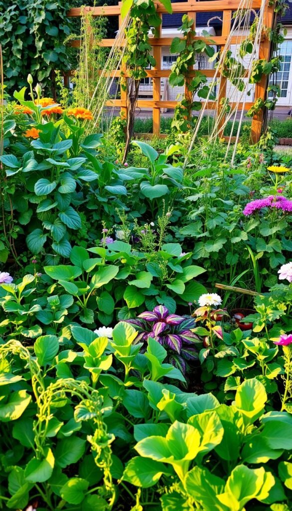 A lush garden teeming with vibrant vegetables, herbs, and flowers in a harmonious arrangement. In the foreground, leafy greens and trailing vines intertwine, maximizing the use of limited space. The middle ground showcases a variety of crops growing in close proximity, their colors and textures complementing each other. In the background, a wooden trellis supports climbing plants, creating a sense of depth and vertical complexity. Soft, warm lighting illuminates the scene, casting gentle shadows and highlighting the textures of the plants. The overall composition conveys a sense of abundance, efficiency, and the beauty of intentional interplanting techniques.