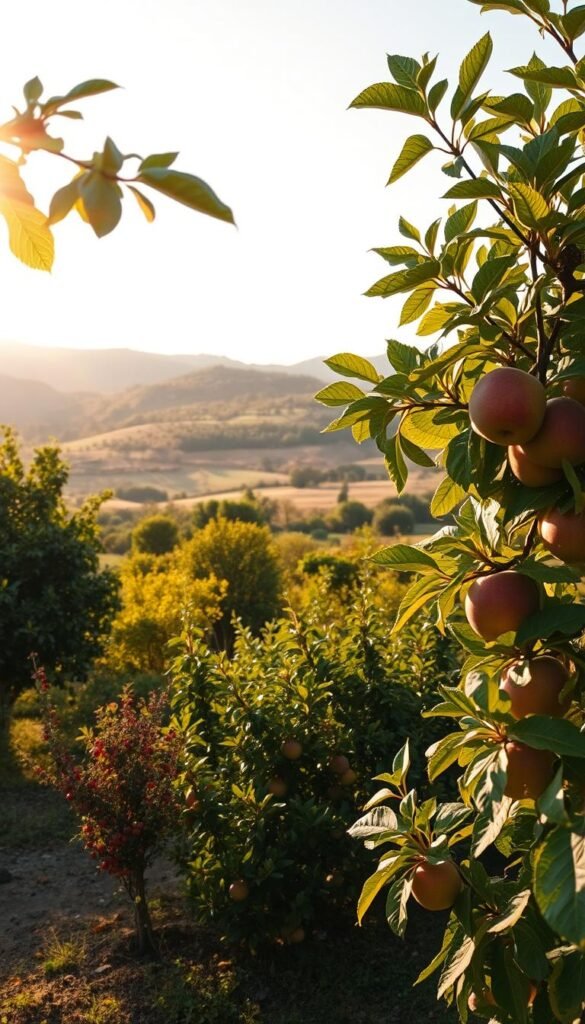 A lush garden with diverse microclimate zones for optimal fruit tree growth. In the foreground, a close-up view of a thriving apple tree, its leaves rustling in a gentle breeze. The middle ground reveals a variety of fruit trees - pears, peaches, and cherries - each flourishing in their unique microclimates, defined by subtle changes in slope, soil, and sun exposure. In the background, a panoramic vista of rolling hills, with pockets of dense foliage and open clearings, creating a tapestry of microclimates. Warm, golden lighting filters through the scene, casting a dreamlike glow and highlighting the vibrant colors of the fruit trees. The overall atmosphere is one of harmony and abundance, inviting the viewer to explore the intricate relationships between plants and their local environments.