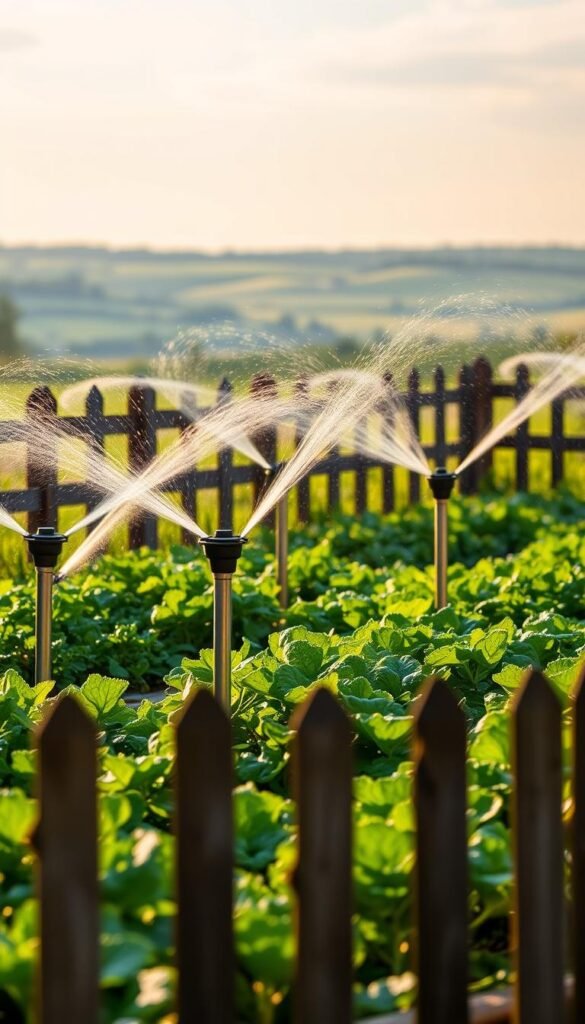 A lush, green vegetable garden surrounded by a wooden fence. In the foreground, motion-activated sprinklers stand guard, their sleek metallic bodies poised to spring into action. Triggered by subtle movements, the sprinklers arc gracefully, sending streams of water cascading across the garden, creating a dynamic and effective barrier against unwanted wildlife intruders. The sprinklers are illuminated by warm, natural lighting, casting dynamic shadows across the verdant foliage. In the background, a picturesque countryside landscape unfolds, adding depth and context to the scene. The overall atmosphere conveys a sense of tranquility, with the sprinklers serving as a practical and visually-appealing deterrent to protect the bountiful garden.