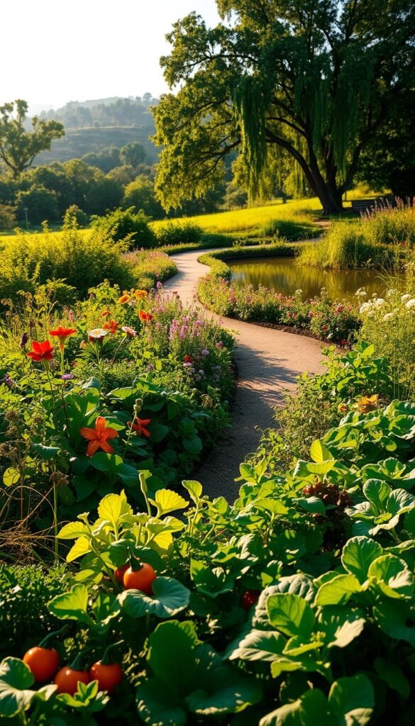 A lush, harmonious edible landscape bathed in warm, natural light. In the foreground, a bountiful garden bed overflows with vibrant vegetables and herbs, their colors and textures complementing each other. A gentle path meanders through the middle ground, lined with fragrant flowers and meandering vines. In the background, a serene pond reflects the verdant scene, surrounded by a backdrop of rolling hills and mature trees. The overall composition evokes a sense of balance, tranquility, and the effortless beauty of an organically designed, productive ecosystem.