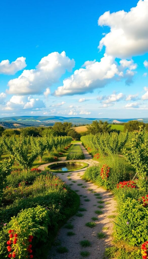 A lush, harmonious edible landscape with rows of neatly arranged fruit trees and vegetable beds. In the foreground, a winding pathway leads through a flourishing mix of berry bushes, herbs, and edible flowers. The middle ground features a small pond surrounded by water-loving plants, while the background showcases a backdrop of rolling hills and a vibrant blue sky with fluffy white clouds. The lighting is soft and warm, creating a tranquil, inviting atmosphere. The composition is balanced, with a sense of depth and natural flow. Overall, the scene conveys a welcoming, productive, and visually appealing edible garden seamlessly integrated into the existing landscape.