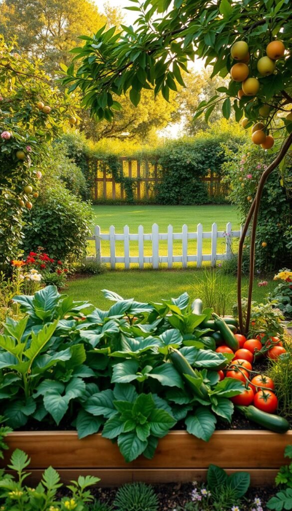 A lush, harmonious garden landscape featuring a central raised vegetable bed surrounded by thriving fruit trees and flowering shrubs. The foreground showcases a variety of vibrant, organically-grown produce, including leafy greens, tomatoes, and zucchini. In the middle ground, apple, pear, and citrus trees create a canopy of verdant foliage and colorful blossoms. The background features a well-tended lawn leading to a picket fence adorned with climbing vines. Warm, natural lighting bathes the scene, creating a sense of tranquility and balance. The overall composition conveys a cohesive, thoughtfully-designed outdoor oasis where edible and ornamental elements coexist in perfect harmony.