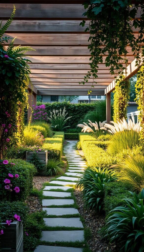 A lush, harmonious garden where structured design elements seamlessly blend with natural chaos. In the foreground, a carefully curated arrangement of geometric planters overflows with cascading vines and vibrant blooms. The middle ground features a meandering stone path that winds through a tapestry of diverse foliage, from orderly hedges to wild, untamed grasses. In the background, a wooden pergola casts a warm, golden light, creating an inviting and serene atmosphere. Soft, diffused illumination filters through the translucent canopy, casting gentle shadows and highlighting the interplay of formal and informal elements. The overall scene strikes a delicate balance, showcasing how deliberate planning can coexist with the untamed beauty of nature.