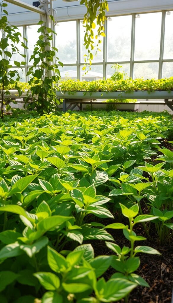 A lush, hydroponic garden filled with vibrant, leafy plants. In the foreground, natural pest deterrents such as fragrant herbs, beneficial insects, and organic mulch create a harmonious ecosystem. The middle ground showcases a variety of thriving hydroponics systems, their clean lines and efficient setups. In the background, large windows allow natural light to stream in, casting a warm, earthy glow over the entire scene. The overall mood is one of balance, sustainability, and the beauty of nature's pest control solutions.