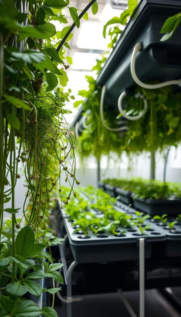 A lush, hydroponic garden suspended in mid-air, with verdant plants thriving in a meticulously crafted soilless system. The foreground showcases a diversity of leafy greens, herbs, and delicate flowers, their stems interwoven with a network of transparent tubes and pipes. In the middle ground, a series of modular growing trays, stacked neatly, gently illuminated by soft, diffused lighting from above. The background fades into a serene, minimalist environment, hinting at the clean, efficient nature of this sustainable growing method. Captured with a wide-angle lens, the image conveys a sense of harmony and technological innovation, perfectly capturing the essence of aquaponic and hydroponic gardening.
