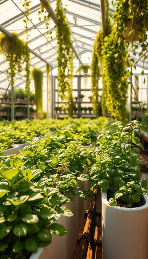 A lush, hydroponic garden thriving in a sunlit greenhouse. In the foreground, verdant leafy greens and vibrant herbs grow in sleek, minimalist planters. Mid-frame, a state-of-the-art water circulation system efficiently distributes nutrient-rich water. The background reveals a panoramic view of the greenhouse, with cascading vines, towering shelves, and a serene atmosphere fostering a harmonious, sustainable ecosystem. Warm, natural lighting casts a gentle glow, emphasizing the organic, eco-friendly nature of the scene. The entire composition conveys a sense of balance, innovation, and environmental responsibility at the heart of this hydroponics setup.