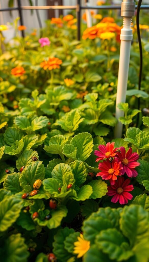 A lush hydroponics setup with natural pest control measures. In the foreground, beneficial insects like ladybugs and lacewings patrol the leafy greens. In the middle ground, a mister sprays a fine mist of neem oil to deter aphids and whiteflies. In the background, a diverse array of companion plants - marigolds, basil, and nasturtiums - create a vibrant, pest-resistant ecosystem. Warm, soft lighting illuminates the scene, conveying a sense of harmony and balance between the plants and their natural protectors. The composition is carefully framed to showcase the integrated approach to sustainable, chemical-free pest management in a thriving hydroponic garden.