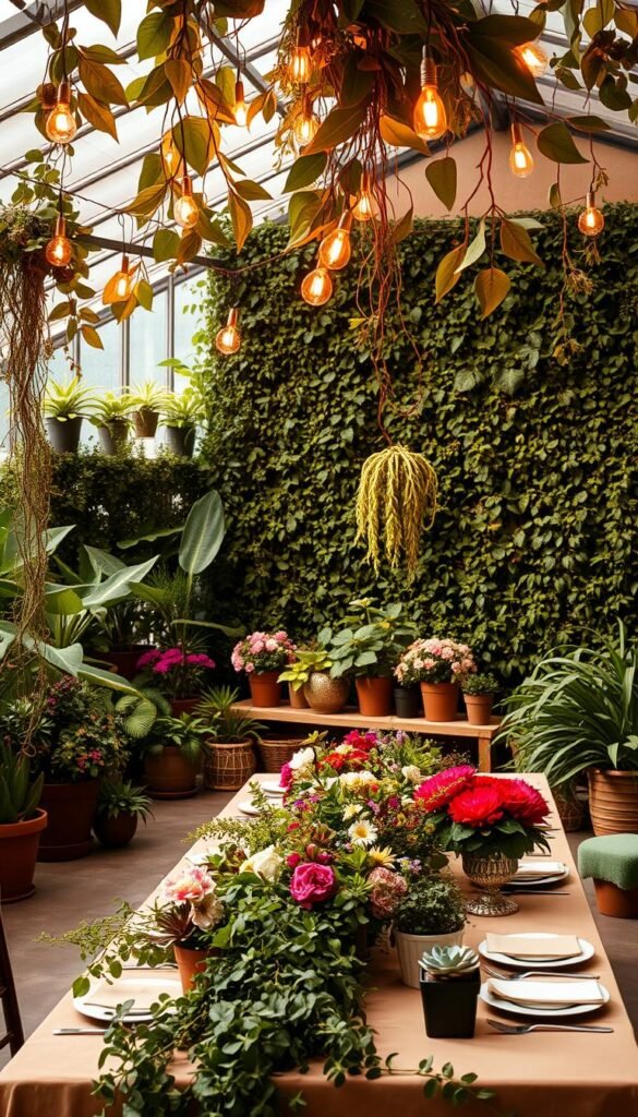 A lush indoor garden party, bathed in soft, warm lighting. The foreground features an elegant table setting, adorned with cascading vines, potted succulents, and clusters of vibrant wildflowers. Hanging from the ceiling, delicate string lights and oversized leaves create a canopy of natural ambiance. In the middle ground, a mix of potted plants and floral arrangements line the walls, blending seamlessly with the earthy palette. The background showcases a wall of verdant foliage, creating an immersive, greenhouse-like atmosphere. Subtle, photorealistic textures and a sense of depth and scale complete the serene, plant-centric scene.