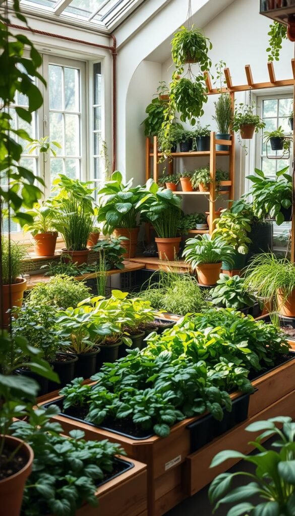 A lush indoor greenspace filled with thriving potted plants, herbs, and small vegetable beds. Soft natural light streams in through large windows, illuminating the verdant foliage and creating a tranquil, serene atmosphere. The space is thoughtfully designed with wooden shelving units, trellises, and other functional yet visually appealing elements that seamlessly integrate the garden into the home. The overall feel is one of a peaceful, productive oasis - a haven for budding indoor gardeners to nurture their own salad greens and other fresh produce. The composition emphasizes the harmony between the natural and the domestic, inviting the viewer to imagine the joys of cultivating their own thriving indoor garden.