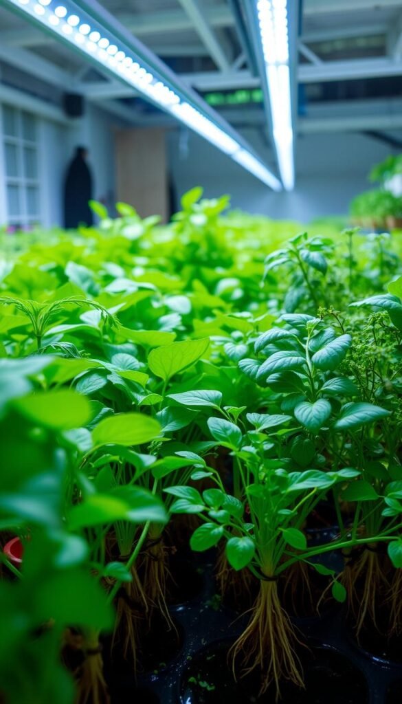 A lush indoor hydroponic garden thriving under warm LED lighting, showcasing the bountiful benefits of this sustainable farming method. Verdant leafy greens and vibrant herbs fill the frame, their roots submerged in nutrient-rich water solutions. The scene exudes a sense of tranquility and efficiency, highlighting how hydroponic systems can maximize crop yields while minimizing soil, water, and space requirements. The camera angle offers a close-up perspective, inviting the viewer to appreciate the intricate details and marvel at the technological advancements that enable this innovative approach to modern urban gardening. A lush indoor hydroponic garden thriving under warm LED lighting, showcasing the bountiful benefits of this sustainable farming method. Verdant leafy greens and vibrant herbs fill the frame, their roots submerged in nutrient-rich water solutions. The scene exudes a sense of tranquility and efficiency, highlighting how hydroponic systems can maximize crop yields while minimizing soil, water, and space requirements. The camera angle offers a close-up perspective, inviting the viewer to appreciate the intricate details and marvel at the technological advancements that enable this innovative approach to modern urban gardening.