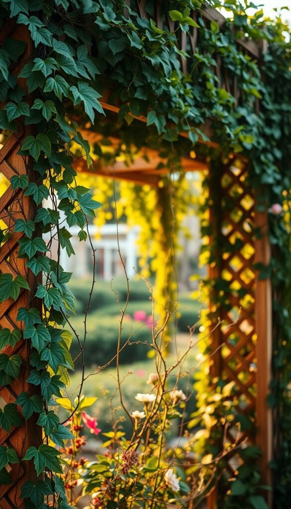 A lush, intricate trellis design adorned with thriving climbing plants, illuminated by warm, diffused natural lighting. The foreground showcases a variety of leafy vines gracefully winding around the latticed structure, their vibrant foliage creating a captivating visual tapestry. The middle ground features a mix of delicate tendrils and blooming flowers, adding pops of color and texture to the scene. In the background, the trellis is nestled within a serene garden setting, with hints of verdant landscaping and a soft, dreamy atmosphere. The overall composition evokes a sense of tranquility and the harmonious integration of nature and man-made elements.