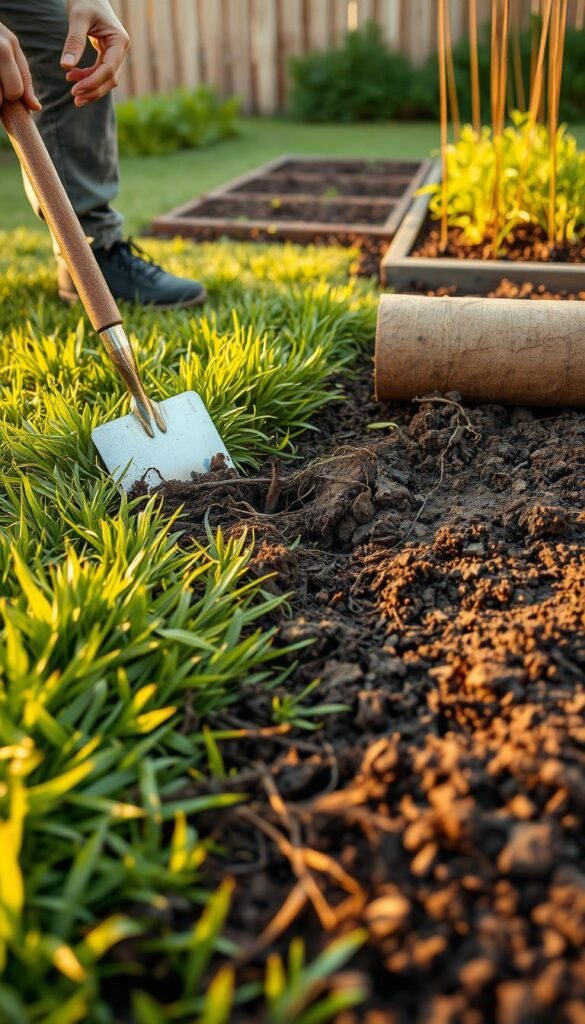 A lush lawn being carefully removed, exposing the rich, dark soil beneath. In the foreground, a person diligently cuts through the sod with a sharp spade, revealing the intricate web of roots. The midground showcases the methodical process of rolling up the sod, exposing the fertile earth ready for transformation. In the background, a well-kept garden plot stands as a testament to the promise of a bountiful harvest. Warm, natural lighting casts a golden glow, accentuating the earthy tones and textures. The scene conveys a sense of anticipation and the excitement of embarking on a gardening journey.