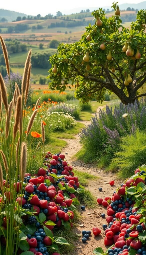 A lush, layered edible landscape unfolds before the viewer. In the foreground, an abundance of vibrant berries - juicy raspberries, plump blueberries, and succulent strawberries - spill over a winding path. Tall, swaying grasses and verdant ferns frame the scene, creating a sense of depth and natural harmony. In the middle ground, a bountiful orchard bursts with ripe fruit - golden apples, fuzzy peaches, and lush pears dangling from gnarled branches. Dappled sunlight filters through the canopy, casting a warm, inviting glow over the composition. The background features rolling hills blanketed in a patchwork of wildflowers - vibrant poppies, delicate daisies, and fragrant lavender - all set against a soft, hazy sky. The overall mood is one of abundant beauty, where nature's edible delights are seamlessly integrated into a picturesque, dream-like landscape. Prompt