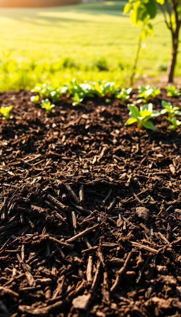 A lush, layered garden bed showcasing the benefits of mulch for water retention. In the foreground, a close-up view of the soil's surface reveals a thick, dark layer of organic mulch, its texture inviting tactile exploration. Beneath, glimpses of rich, loamy soil absorb moisture, forming intricate patterns. The middle ground depicts the overall bed, with verdant plants thriving amidst the protective mulch covering. Warm, soft lighting filters through, casting gentle shadows and highlighting the interplay of textures. In the background, a verdant landscape stretches out, conveying a sense of abundance and rejuvenation. The scene exudes a serene, earthy atmosphere, inspiring a deeper appreciation for the power of mulch in soil regeneration.