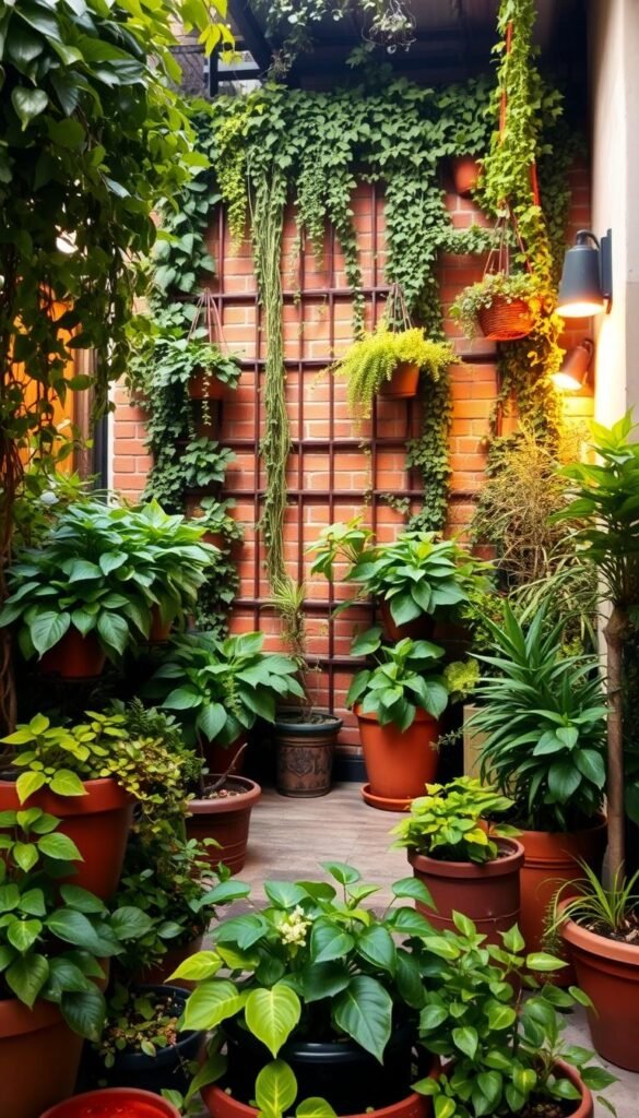 A lush, layered urban oasis with cascading greenery and vibrant container gardens. In the foreground, an eclectic mix of potted plants in varied shapes and sizes, their foliage spilling over the edges. The middle ground features a vertical garden of trailing vines and hanging baskets, creating a sense of depth and dimension. In the background, a brick wall or trellis serves as a natural backdrop, softened by the verdant foliage. Warm, diffused lighting illuminates the scene, casting a gentle glow and enhancing the sense of an intimate, secluded urban retreat. Subtle shadows and highlights add depth and texture, while the overall composition and camera angle invite the viewer to step into this verdant, immersive space.
