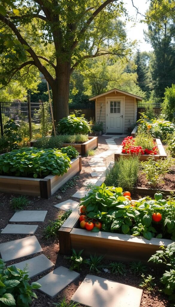 A lush, low-maintenance garden layout featuring raised vegetable beds, a winding stone pathway, and natural foliage. The beds are filled with a variety of leafy greens, vibrant tomatoes, and aromatic herbs. Dappled sunlight filters through the canopy of a mature tree, casting warm shadows across the scene. In the distance, a rustic garden shed provides storage and a cozy retreat. The overall composition exudes a sense of serene simplicity, inviting the viewer to imagine tending to this effortless oasis. Captured with a wide-angle lens to showcase the balanced, harmonious design.