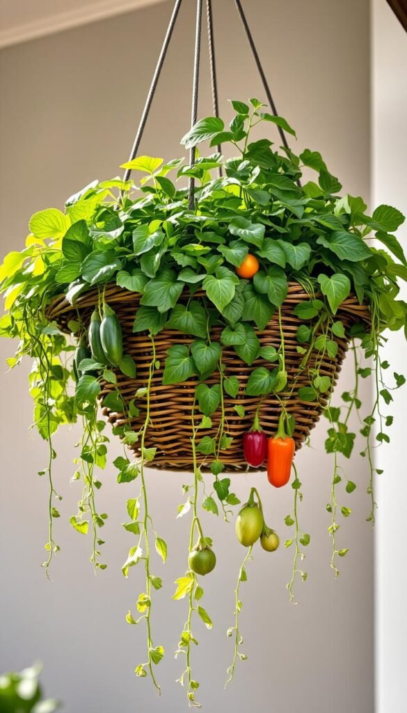 A lush, meticulously arranged hanging basket vegetable garden, its verdant cascade of trailing vines, leafy greens, and vibrant vegetables suspended from a wrought-iron frame. Soft, diffused natural light filters through, casting gentle shadows and highlighting the textures of the fresh produce. The basket's intricate woven structure creates an appealing visual contrast, while the overall composition evokes a sense of abundance and tranquility. The scene is framed against a subtly blurred background, allowing the focal point of the thriving garden to take center stage.