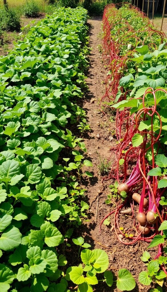 A lush, meticulously arranged vegetable garden, with rows of vibrant greens, root vegetables, and trailing vines bursting with color. The foreground showcases an intricate intertwining of plants, stems, and leaves, creating a tapestry of textures and hues. The middle ground reveals a well-organized layout, with companion plants strategically placed to maximize space and nutrient exchange. In the background, a softly lit, sun-dappled scene, with a sense of abundance and thriving life. The image conveys a harmonious, productive, and efficient use of a tight garden space, embodying the essence of intensive planting methods.